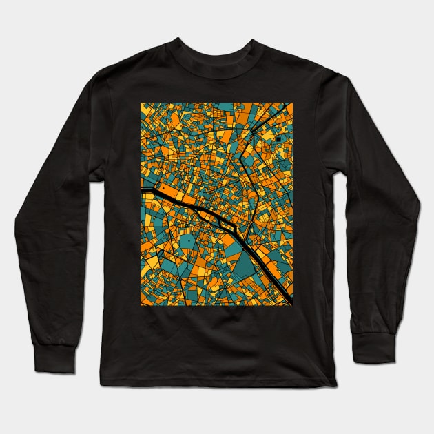 Paris Map Pattern in Orange & Teal Long Sleeve T-Shirt by PatternMaps